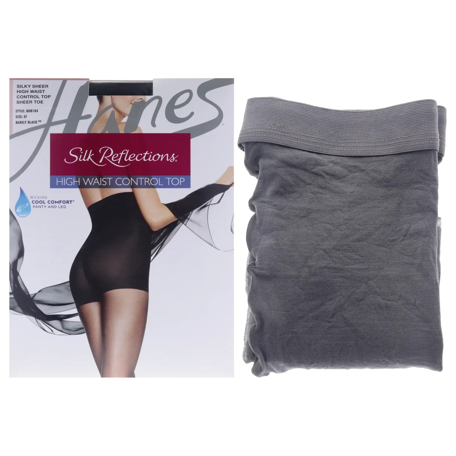 Hanes Silk Reflections Control Top Sheer Toe Silky Sheer High Waisted Pantyhose, Barely Black, Size EF (Pack of 1)