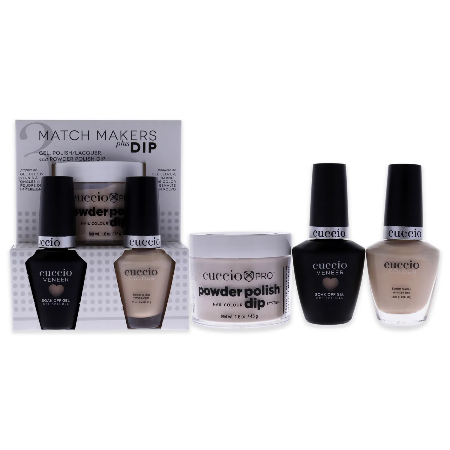 Cuccio Colour Matchmakers Plus Nail Dip - Matching Mani-Pedi With Flawless Coordination - A Color Lacquer And Color Veneer Gel Polish In The Same Color - Skin To Skin - Large - 3 Pc Kit