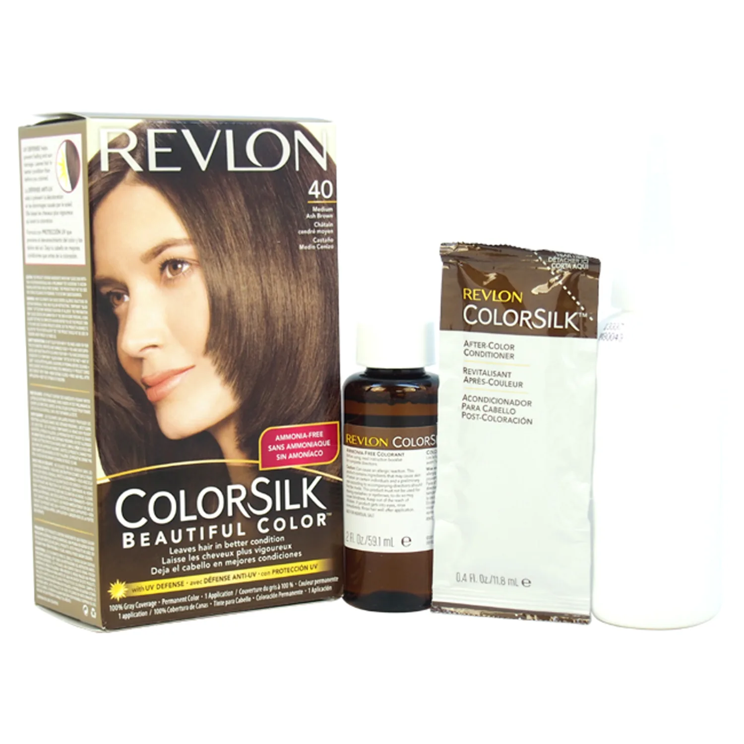 Revlon Permanent Hair Color, Permanent Hair Dye, Colorsilk with 100% Gray Coverage, Ammonia-Free, Keratin and Amino Acids, 40 Medium Ash Brown, 4.4 Oz (Pack of 1)