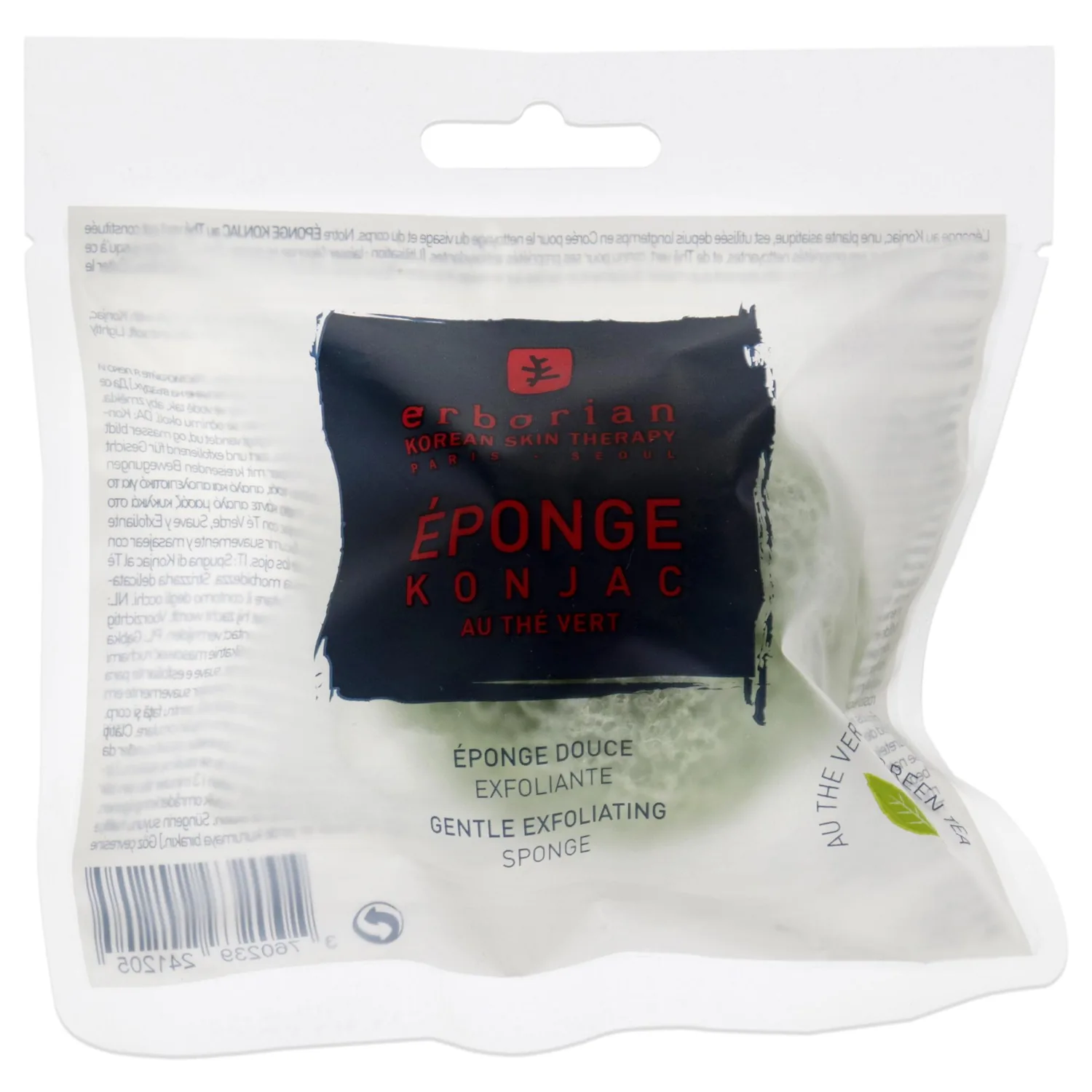 Erborian Green Tea Konjac Facial Sponge - Natural Great for Sensitive, Oily and Acne Prone Skin - Korean Beauty Bath Scrub for Deep Cleansing and Exfoliation - for All Skin Types - Korean Skincare
