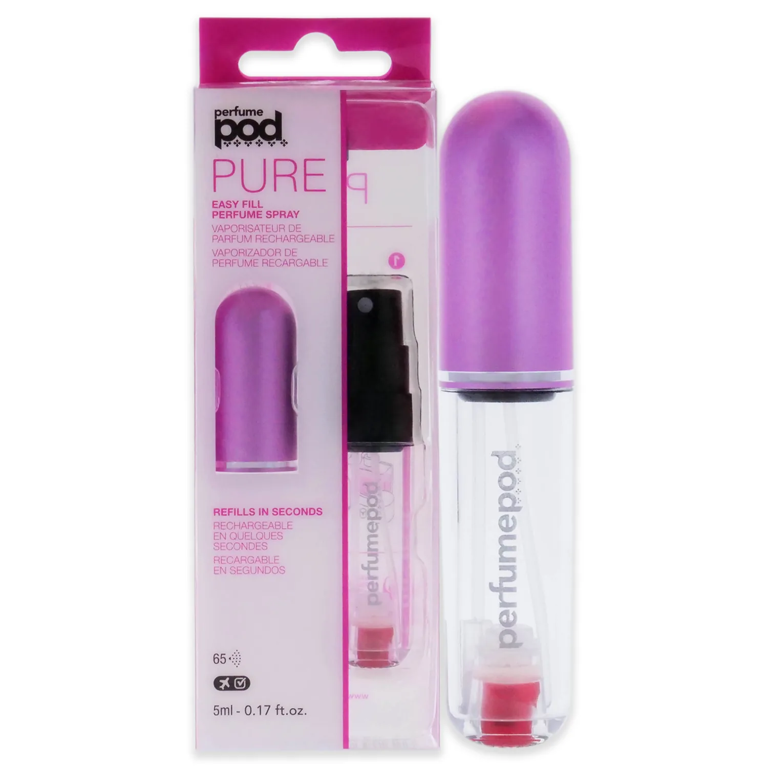 Travalo Pod Pure Perfume Atomizer - Leak-Proof and TSA Approved for Air Travel - Reusable and Airtight Easy-Fill Mini Pump Sprayer - Lightweight, Clear Body, Fun Colorful Lid - Hot Pink 0.17oz