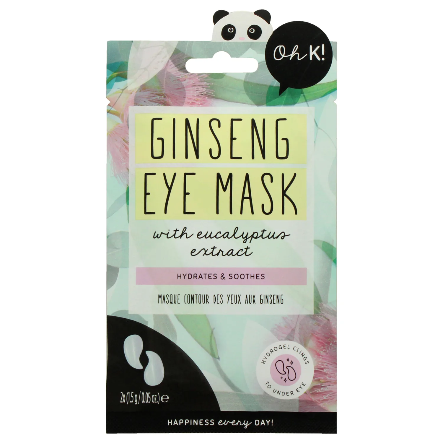 Oh K! Eye Mask - Ginseng and Eucalyptus - Hydrating Under Eye Patches - Undereye Patches with Peppermint - Hydrogel Mask for Dark Circles - 1 Pair