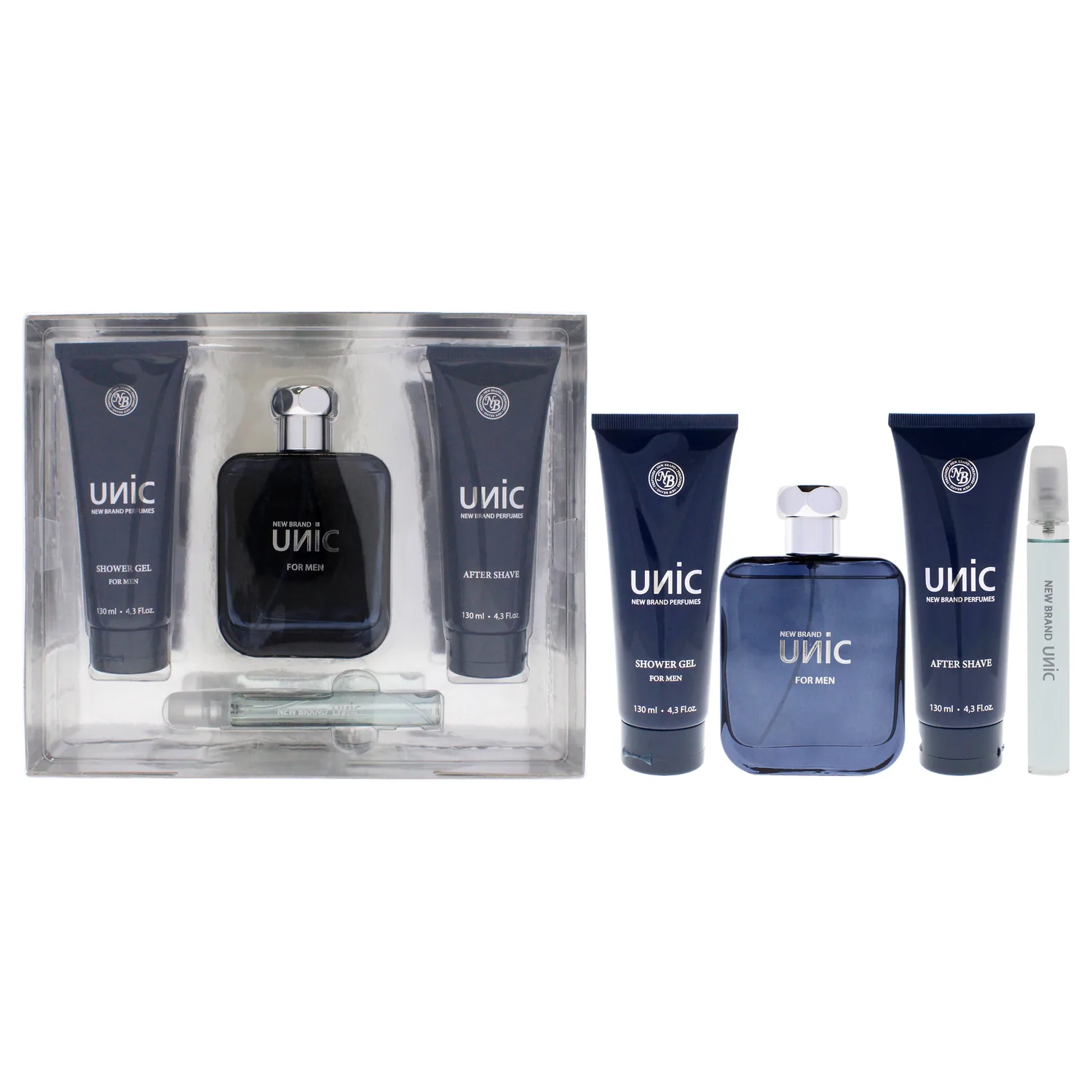 New Brand Unic for Men - 4 Pc Gift Set 3.3oz EDT Spray, 4.3oz Shower Gel, 4.3oz After Shave, 0.5oz EDT Spray