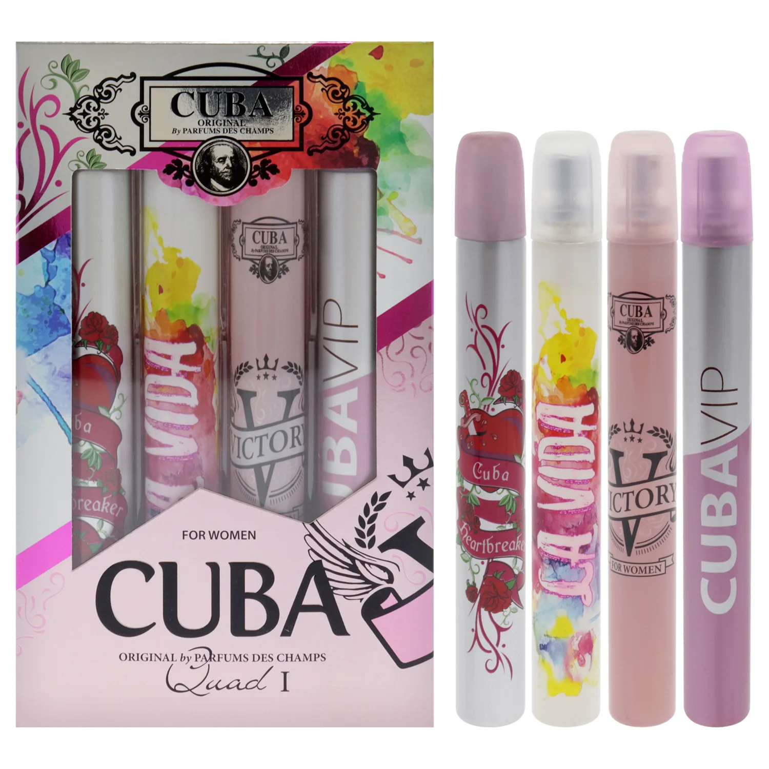 Cuba Quad Top Lady Gift Set |(4 x 1.17 Oz Eau De Parfum Spray) Heartbreaker, La Vida, Victory, VIP | Fragrance For Women