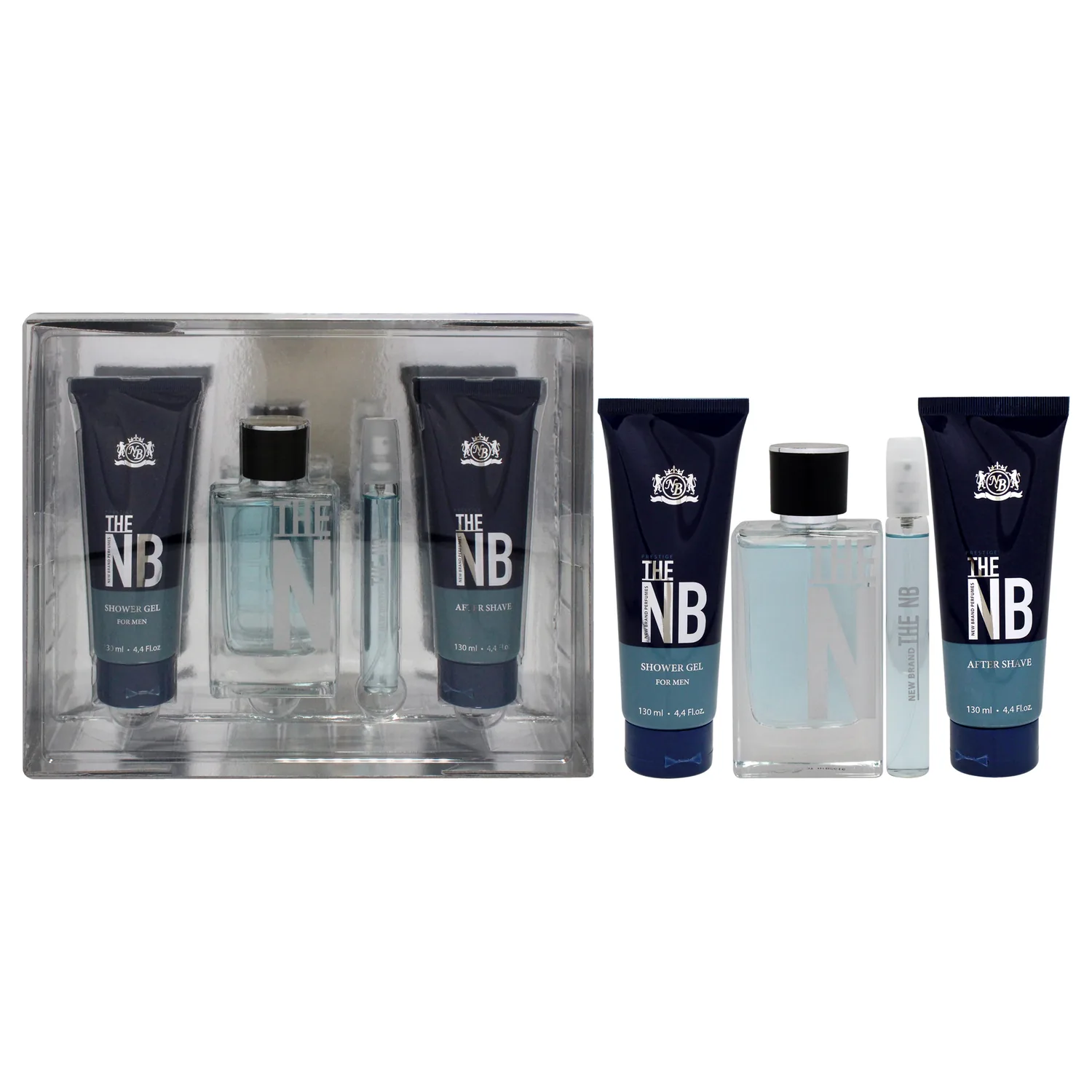 New Brand Prestige The NB 4 Pieces Gift Set for Men, (3.3 Ounce Eau de Toilette Spray + 4.4 Ounce Shower Gel + 4.4 Ounce After Shave Balm + 0.5 Ounce Eau de Toilette Mini Spray)