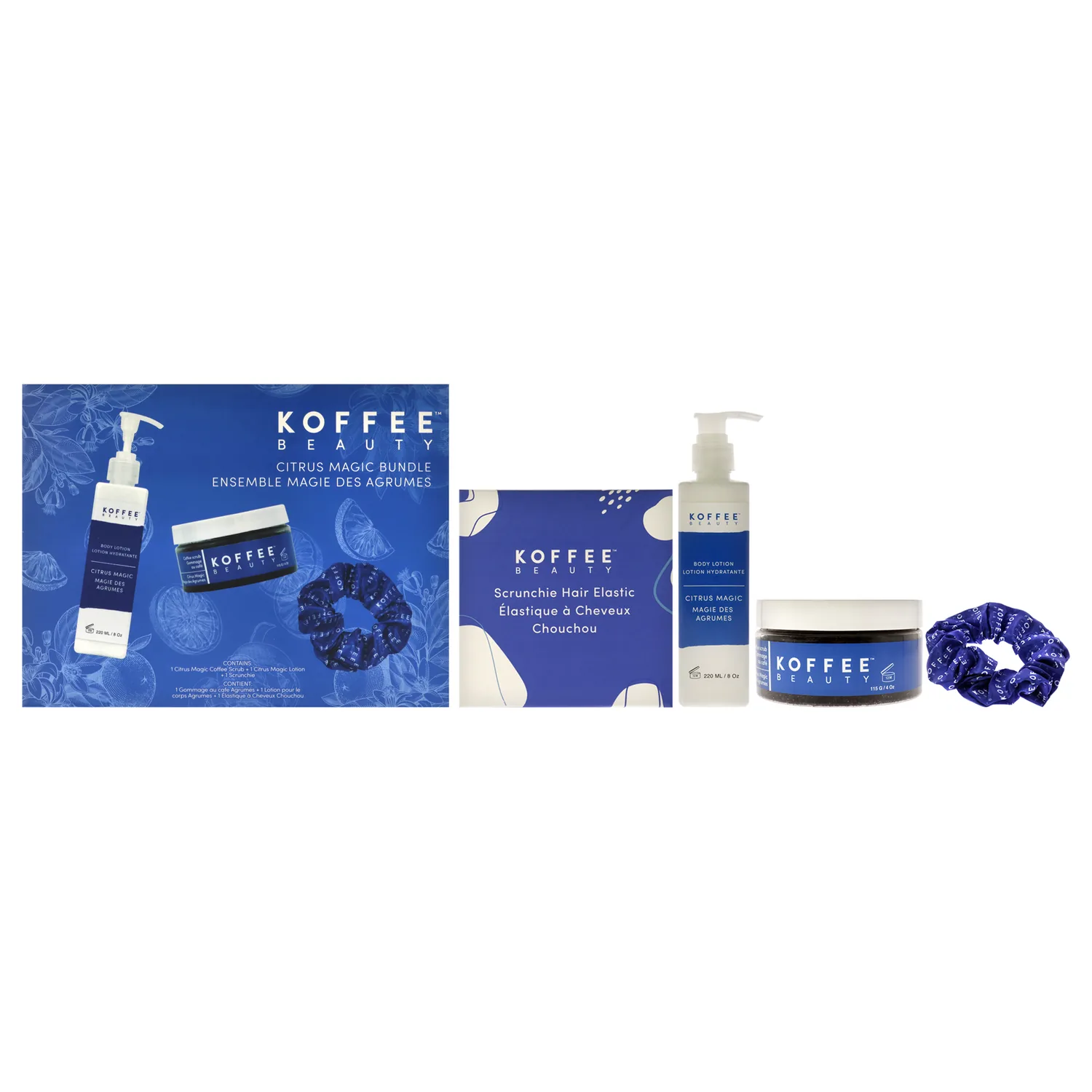 Koffee Beauty Citrus Magic Gift Set, 3 pcs - Coffee Body Scrub with Hair Scrunchie - Non-Greasy Body Lotion - Nutrient-Rich Body Exfoliator - Skin Care Gift Set for All Skin Types