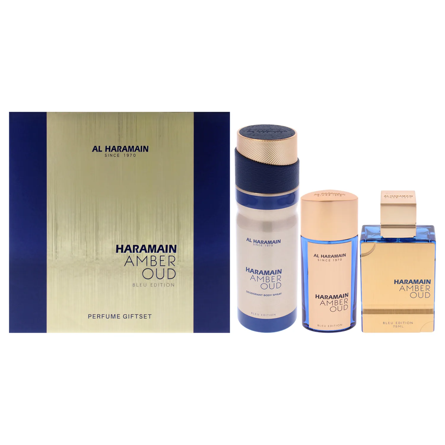 Al Haramain Amber Oud Bleu Edition 3 Pc Gift Set for Unisex - Luxury Cologne & Perfume for Men & Women - 2.5oz EDP Spray, 1oz EDP Spray, 6.6oz Body Spray - Arabian & Arabic Long Lasting Fragrance