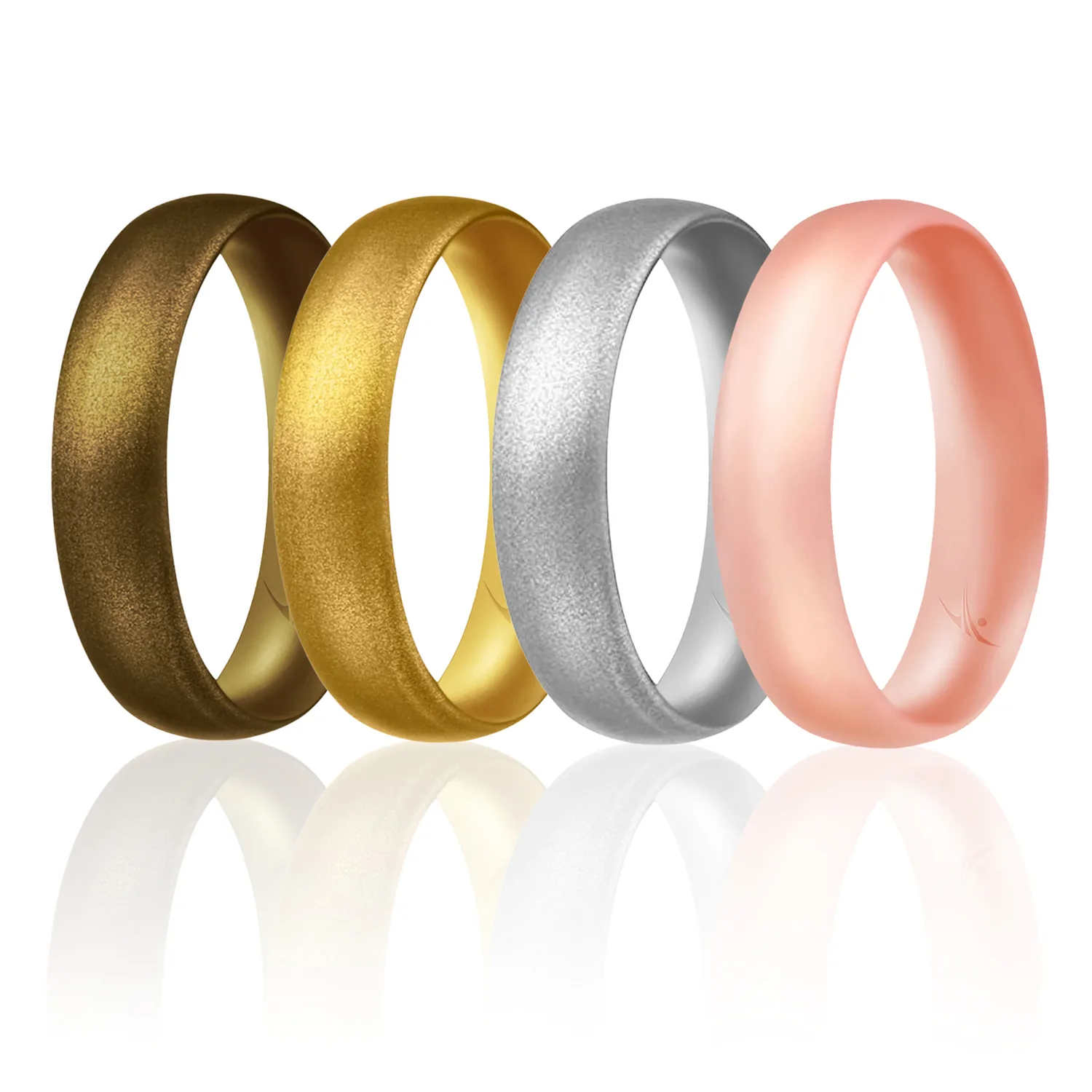 ROQ Silicone Wedding Ring For Women, Set of 4 Affordable Comfort Fit 6mm Love Metallic Silicone Rubber Wedding Bands - Silver, Gold, Rose Gold, Bronze - Size 11