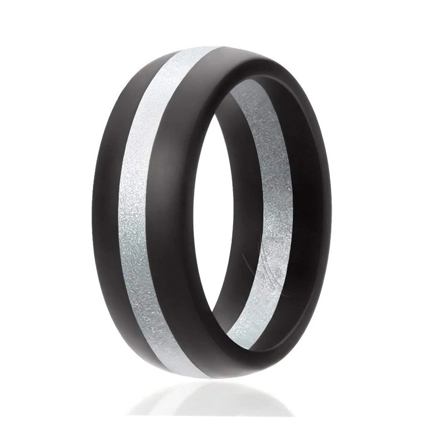 ROQ Silicone Rubber Wedding Ring for Men, Comfort Fit, Men's Wedding Band, Breathable Rubber Engagement Band, 8mm Wide 2mm Thick, Dome Style Middle Line, Solid Stripes, Single, Black & Silver, Size 7