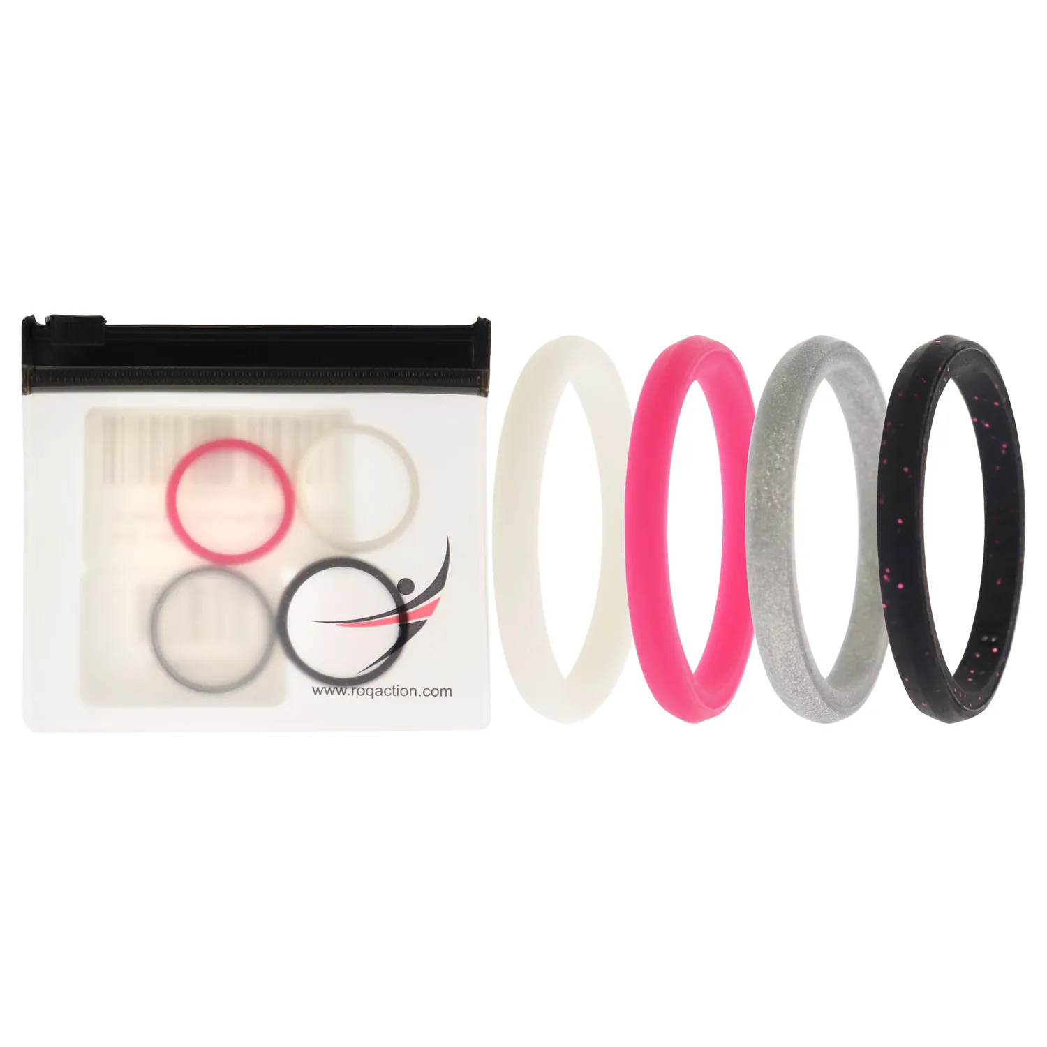 ROQ Silicone Wedding Ring for Women, Set of 4 Thin Stackable Silicone Rubber Wedding Bands Point- Pink, White, Black with Pink Glitter, Silver - Size 10