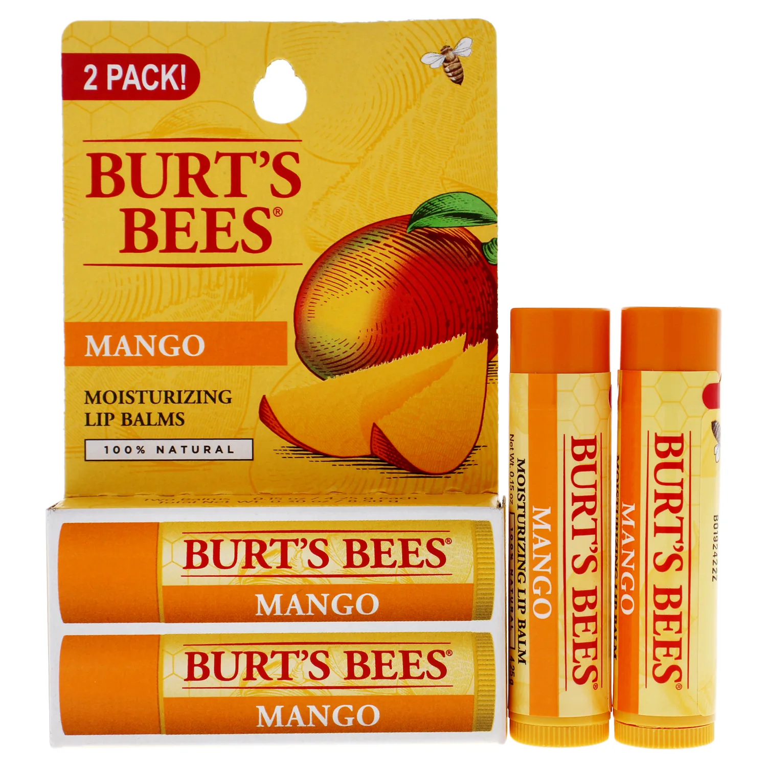 Burt's Bees Lip Balm - Mango, Lip Moisturizer With Responsibly Sourced Beeswax, Tint-Free, Natural Origin Conditioning Treatment, 2 Tubes, 0.15 oz.