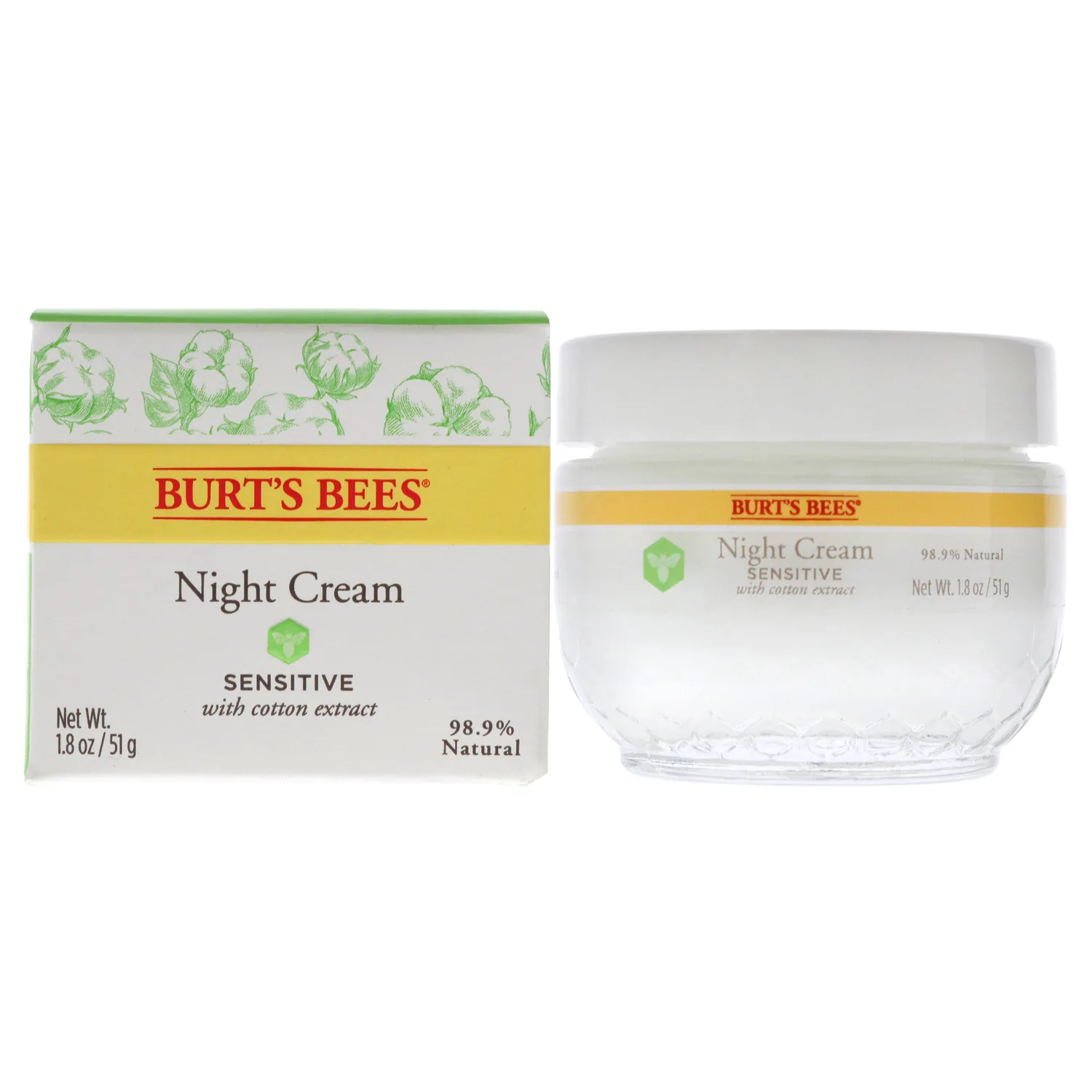Burt’s Bees Gentle Night Cream Moisturizer for Face & Sensitive Skin - Made with Aloe Vera & Rice Milk to Soothe Skin, Dermatologist Tested (1.8 oz)