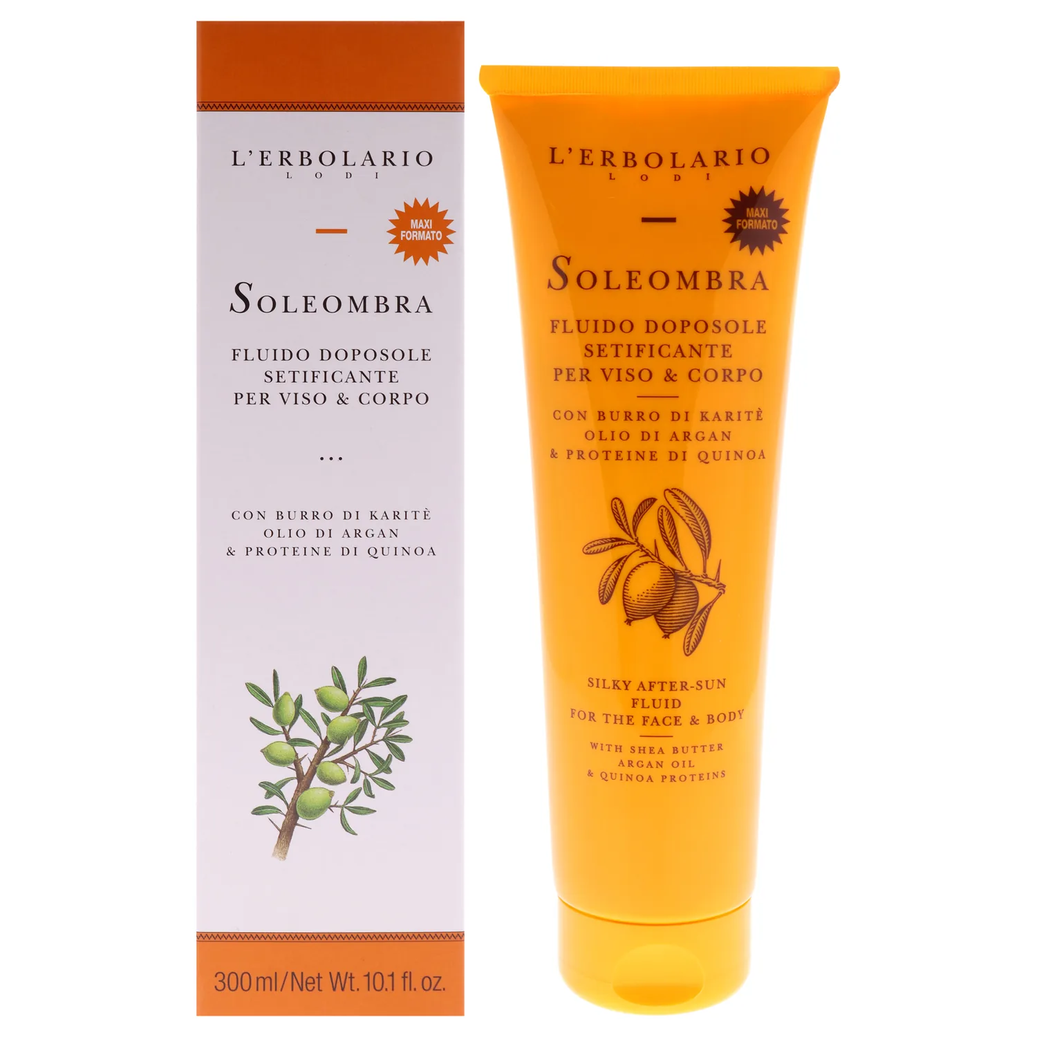 L'Erbolario Soleombra Silky After-Sun Fluid - After Sun Serum - Hydrating Sunburn Relief - Shea Butter, Argan Oil, and Quinoa Proteins - 10.1 oz