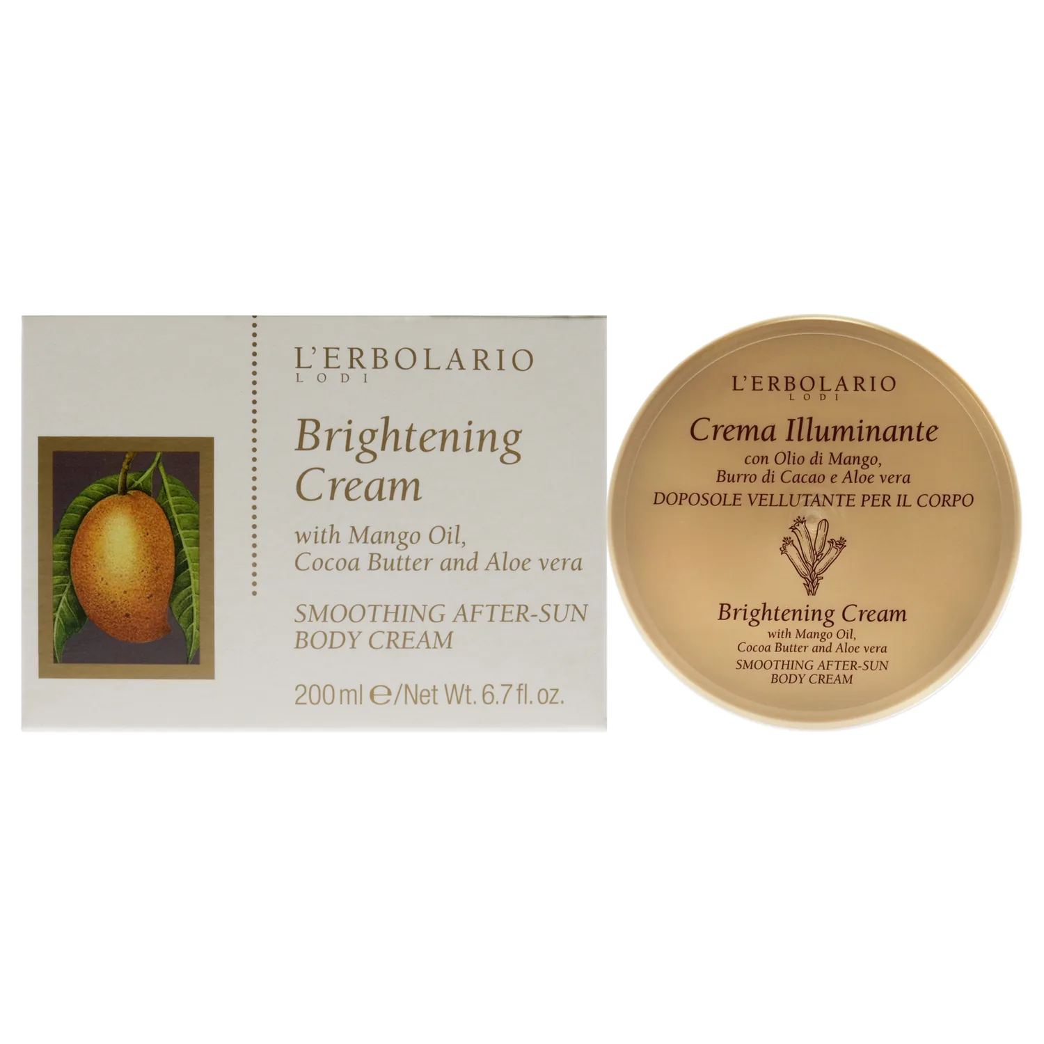 L'Erbolario Brightening Cream - Soothing After Sun Cream - Sunburn Relief for Dry, Irritated Skin - Mango Oil, Aloe Vera, and Cocoa Butter - 6.7 oz