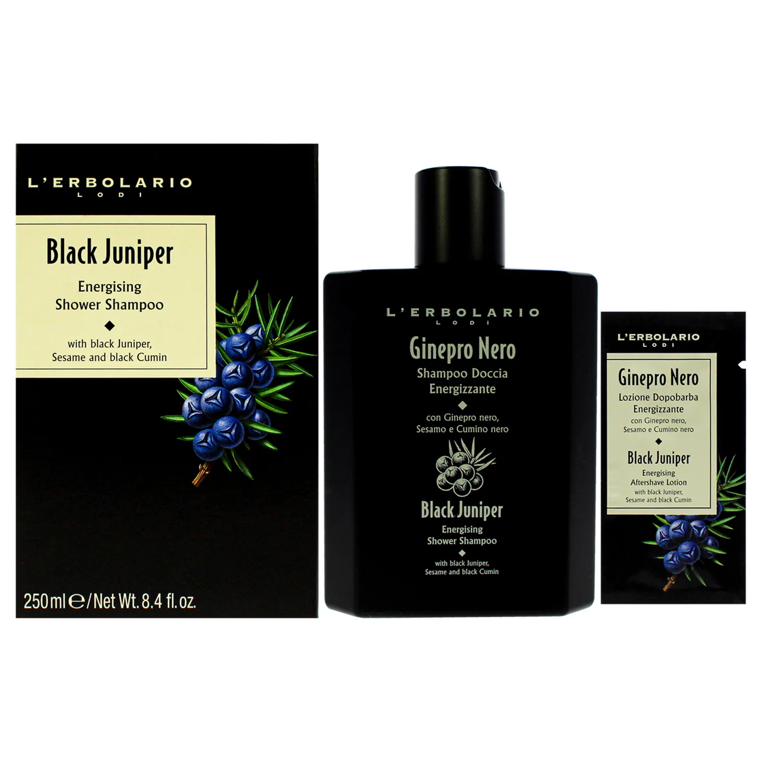L'Erbolario Energizing Shower Shampoo Black Juniper - Moisturizing 2-in-1 Body Wash and Clarifying Shampoo - Purifying with Black Cumin - 8.4 oz