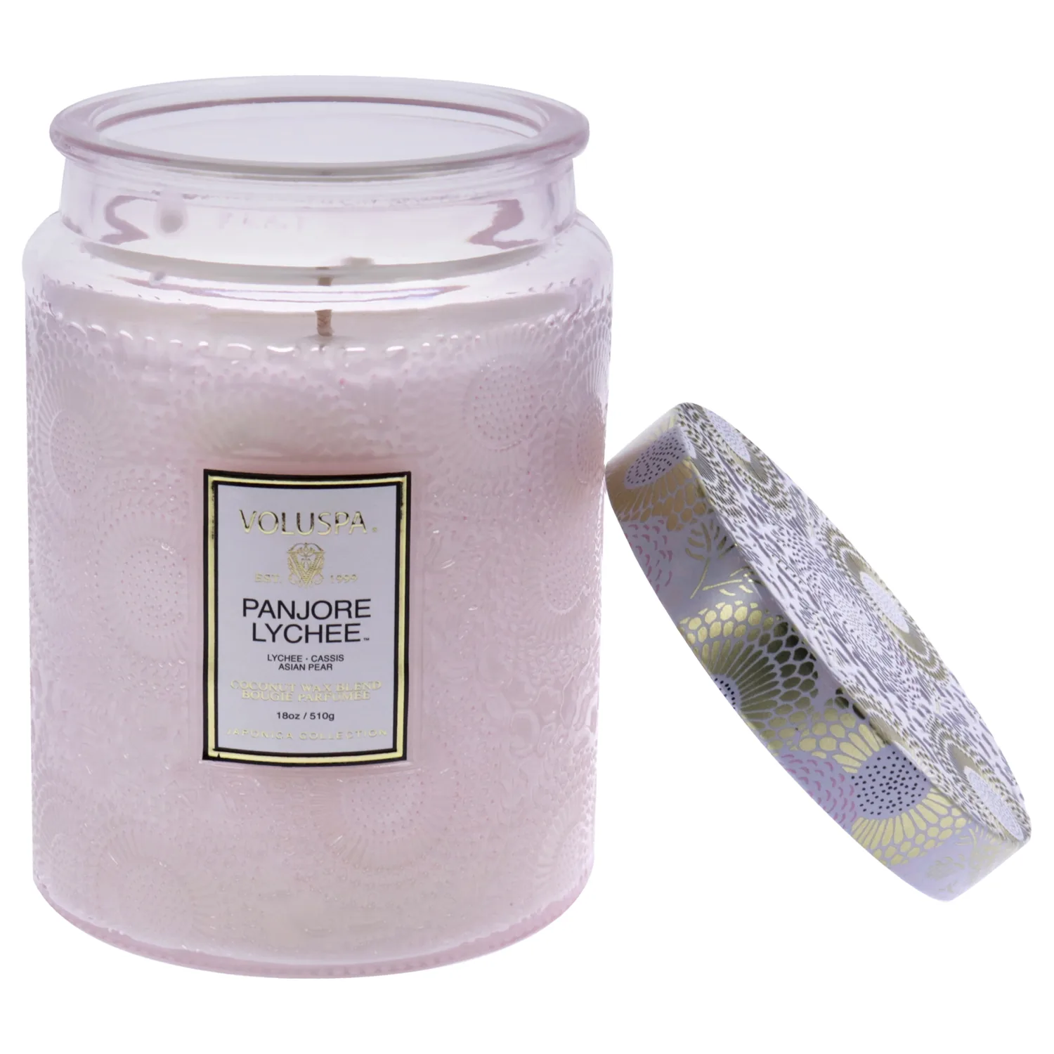 Voluspa Panjore Lychee, Large Candle Jar, 18 oz, 100 Hour Burn Time, Coconut Wax for Clean Burning, Handcrafted in the USA