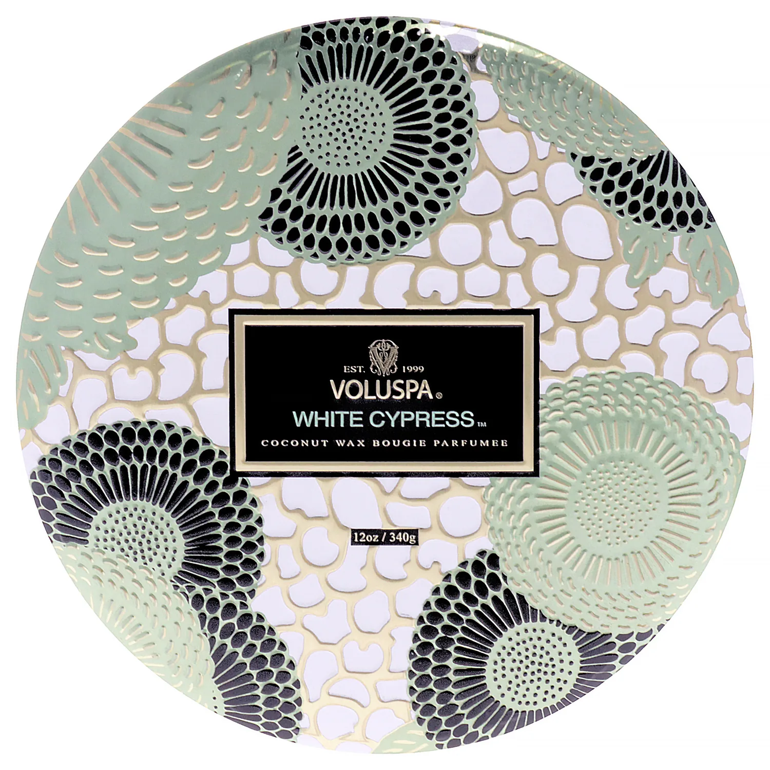 Voluspa White Cypress, 3 Wick Tin Candle, 12 Ounce, 40 Hour Burn Time, Coconut Wax for Clean Burning, Handcrafted in The USA