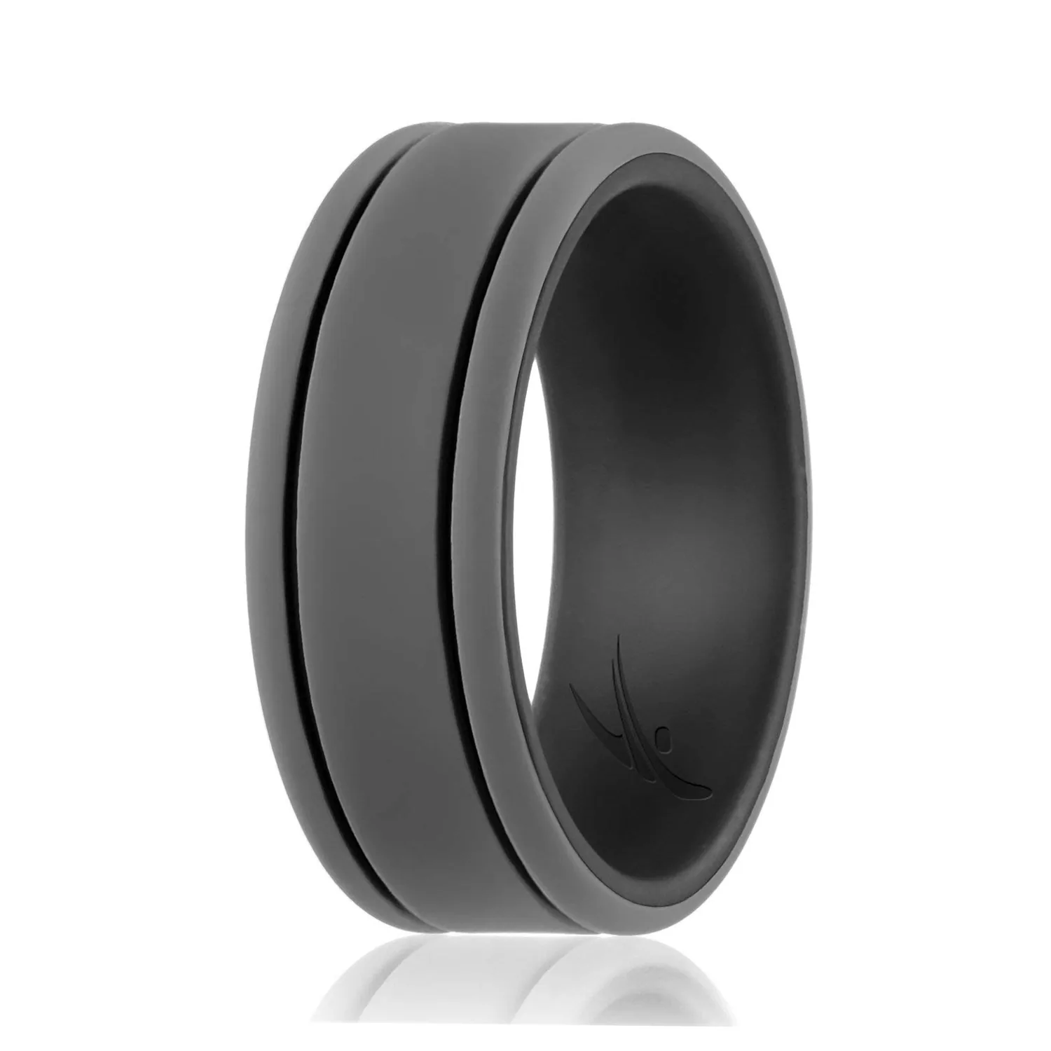 ROQ Silicone Rubber Wedding Ring for Men, Comfort Fit, Men's Wedding Band, Breathable Rubber Engagement Band, 9mm Wide 2mm Thick, 2 Thin Lines Duo Collection, Single, Black & Grey, Size 14