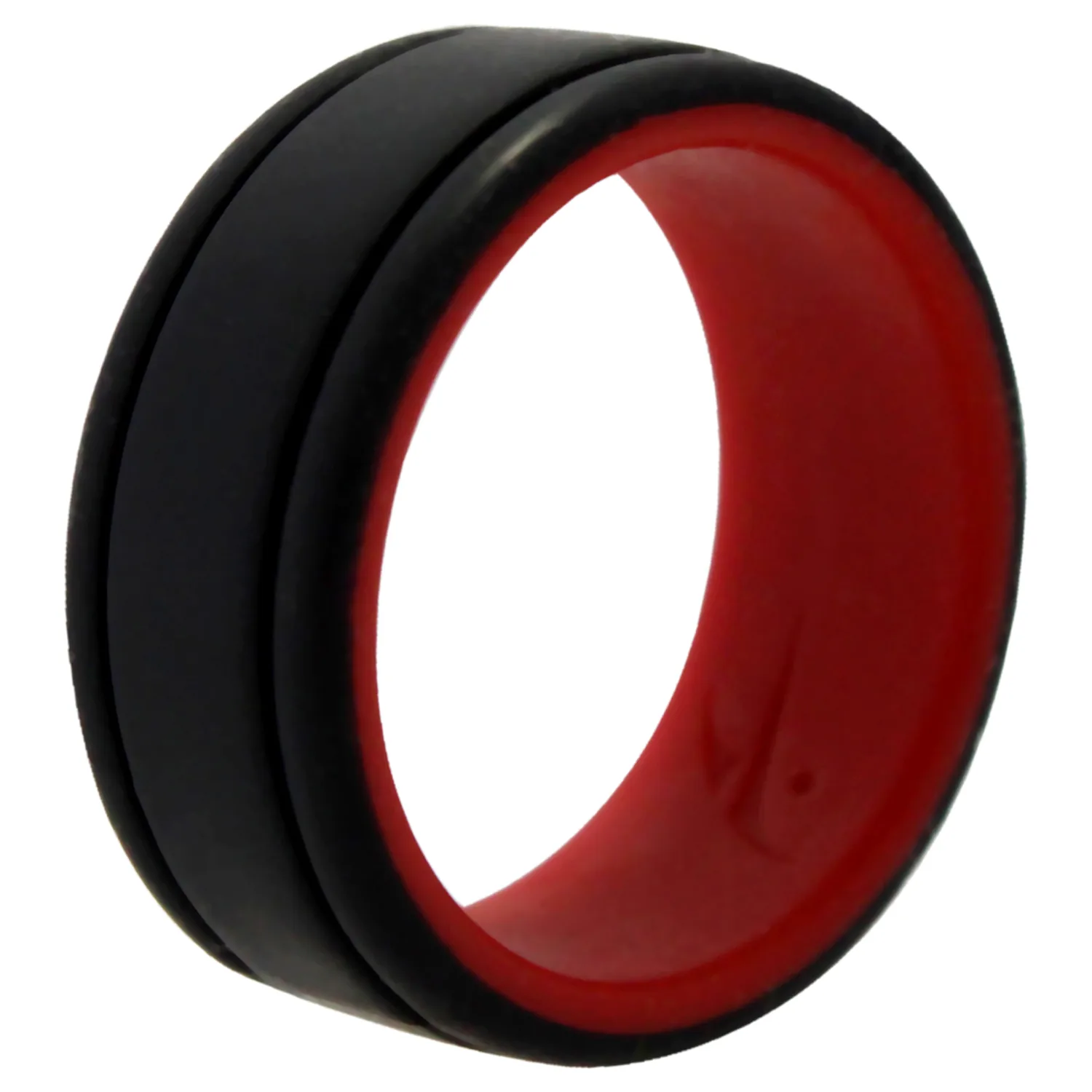 ROQ Silicone Rubber Wedding Ring for Men, Comfort Fit, Men's Wedding Band, Breathable Rubber Engagement Band, 9mm Wide 2mm Thick, 2 Thin Lines Duo Collection, Single, Red & Black, Size 7