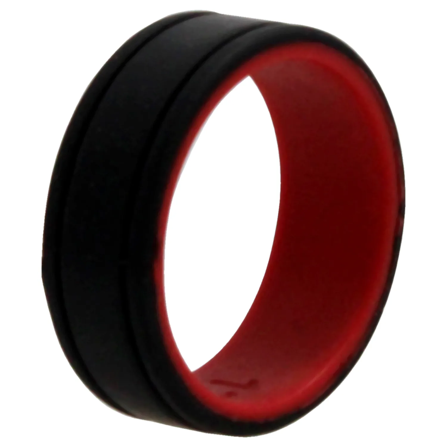 ROQ Silicone Rubber Wedding Ring for Men, Comfort Fit, Men's Wedding Band, Breathable Rubber Engagement Band, 9mm Wide 2mm Thick, 2 Thin Lines Duo Collection, Single, Red & Black, Size 12