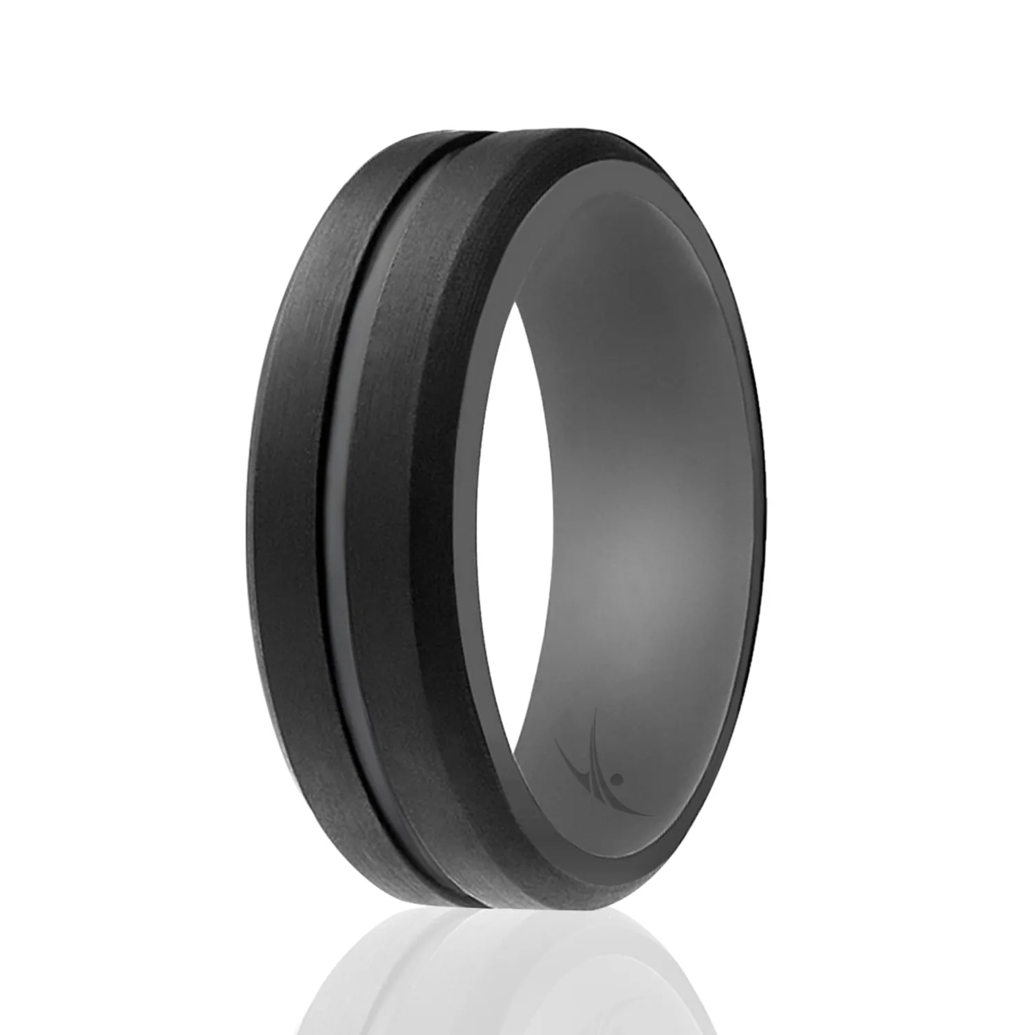 ROQ Silicone Rubber Wedding Ring for Men, Comfort Fit, Men's Wedding Band, Breathable Rubber Engagement Band, 8mm Wide 2mm Thick, Engraved Middle Line Duo, Single, Grey & Black, Size 8