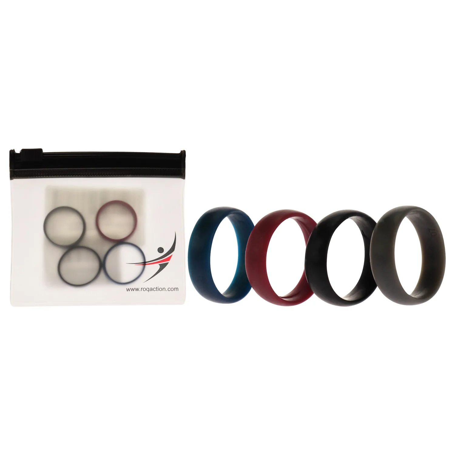 ROQ Silicone Wedding Ring For Men, Set of 4 Affordable Comfort Fit 6mm Manly Metallic Silicone Rubber Wedding Bands - Bordeaux, Blue, Silver, Grey, 7-7.5 (17.3mm), I0118101