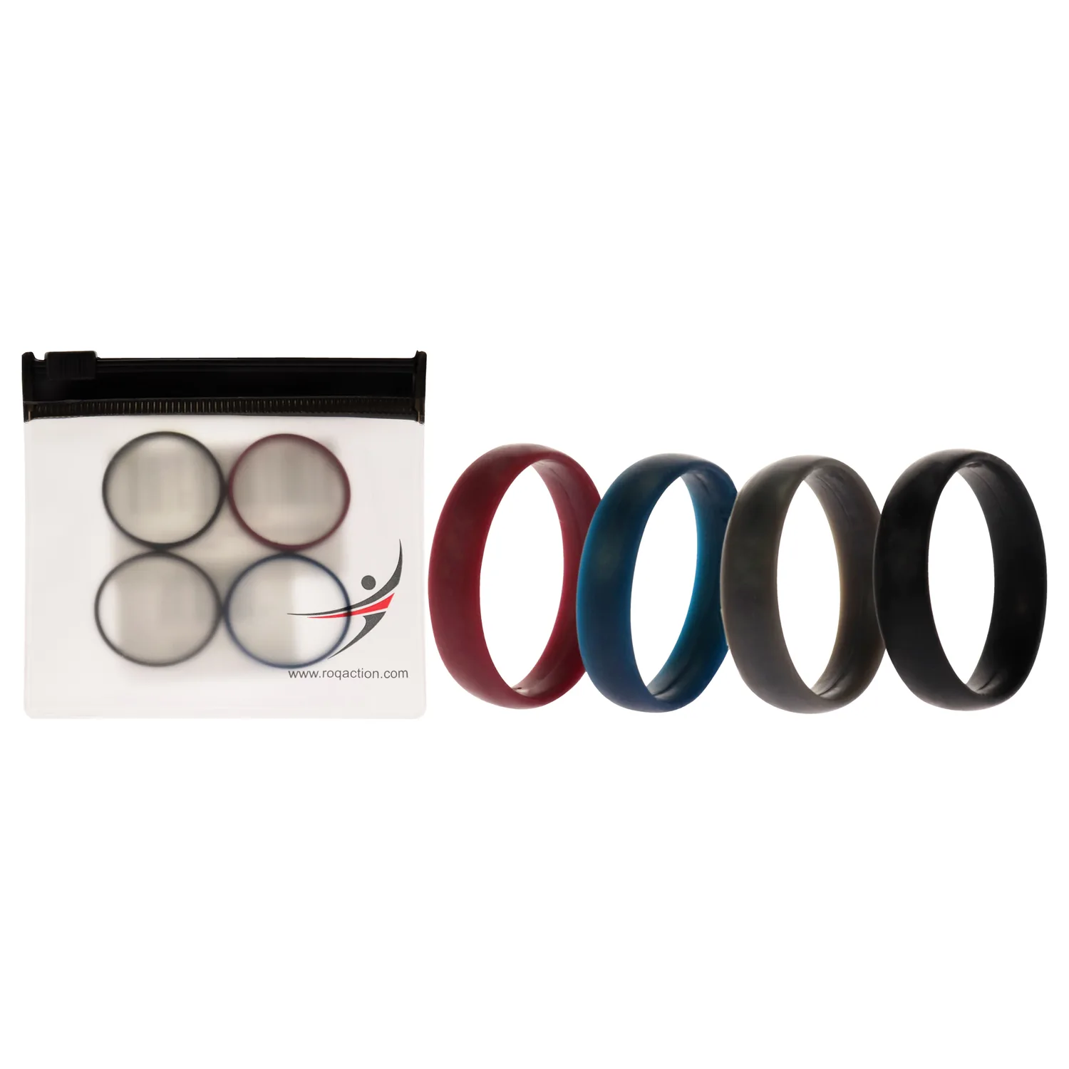 ROQ Silicone Wedding Ring For Men, Set of 4 Affordable Comfort Fit 6mm Manly Metallic Silicone Rubber Wedding Bands - Bordeaux, Blue, Silver, Grey - Size 13 (I0118107)