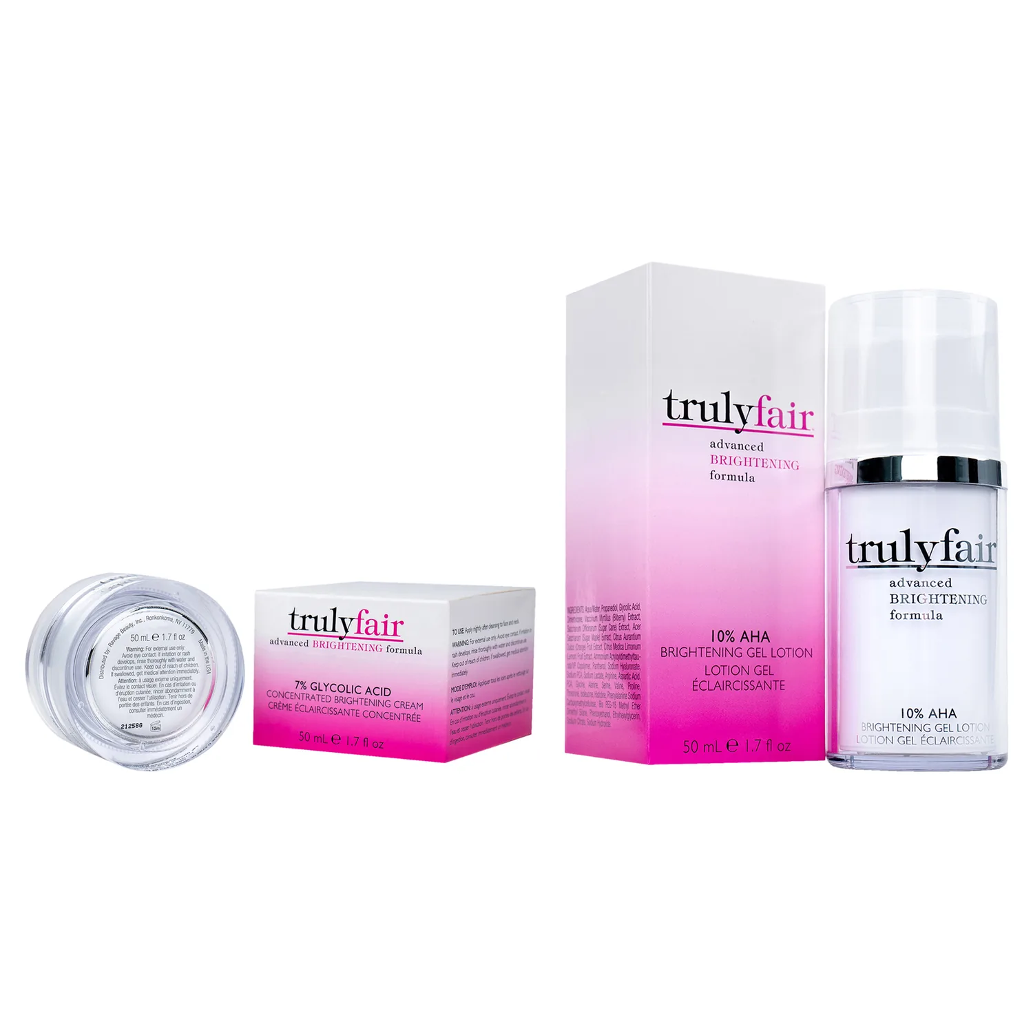 Truly Fair Face Brightening Kit - 7% Glycolic Acid Concentrated Cream 1.7 fl oz & AHA Gel Lotion 1.7 fl oz - Anti-aging Anti-wrinkle - Moisturizer - Hydrating Skincare Kit - Paraben-free - For women