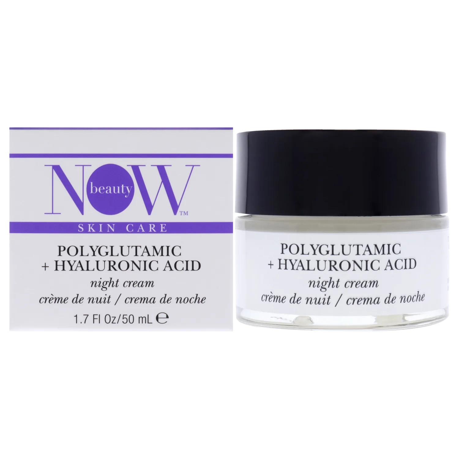 NOW Beauty Polyglutamic Plus Hyaluronic Acid Night Cream - Deeply Hydrating Moisturizer - Overnight Anti-Aging Cream for Face - Vegan – Sulfate & Paraben Free - For Men & Women - Travel Size - 1.7 oz