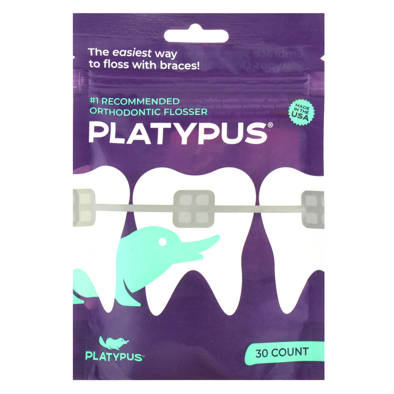 Platypus Orthodontic Flossers for Braces, 30 Count (Pack of 1), Ortho Picks for Adults & Kids, Fits Under Arch Wire, Non-Damaging, Encourage Flossing Habits