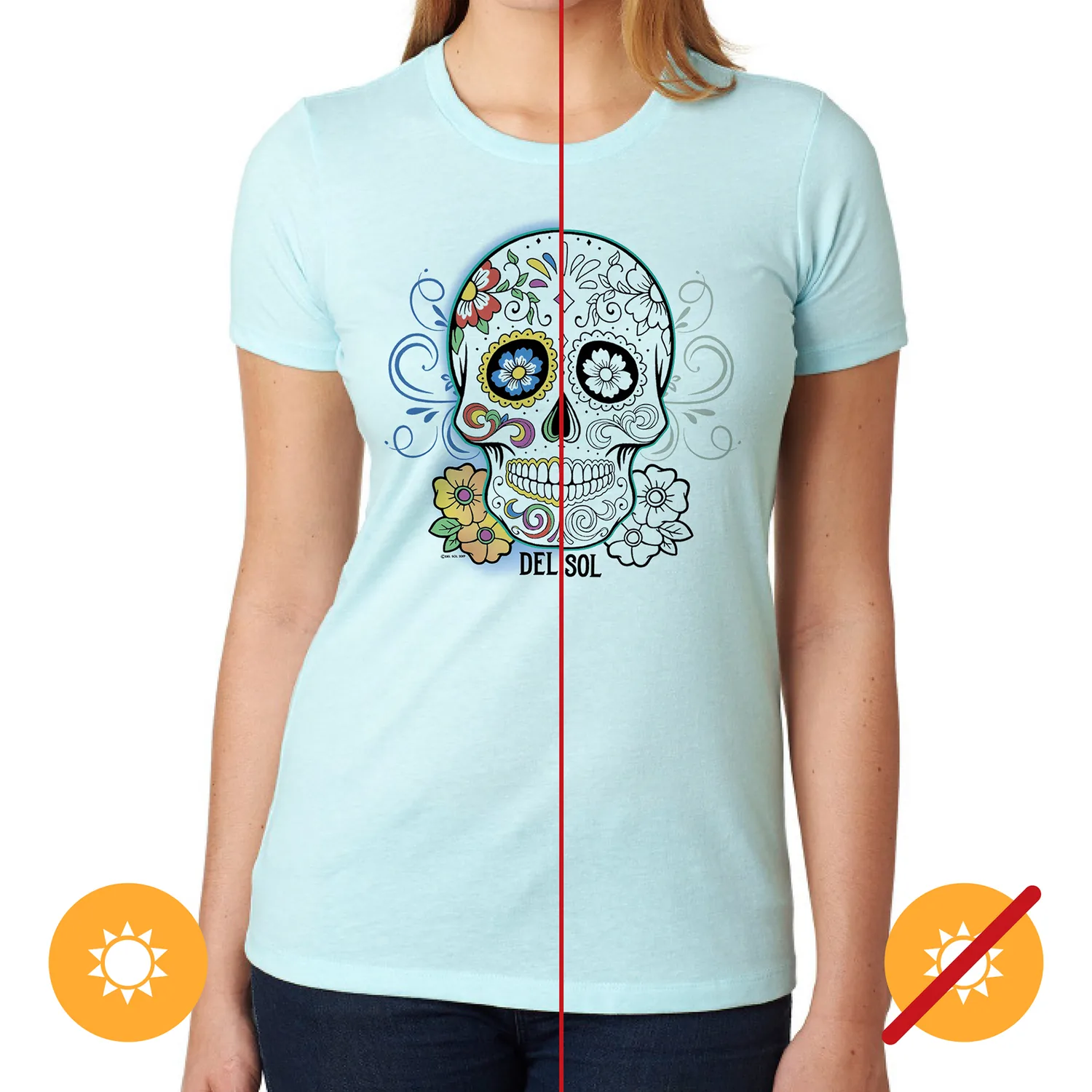 Del Sol Color Changing Premium Crew Tee - Day of the Dead - Ice Blue for Women