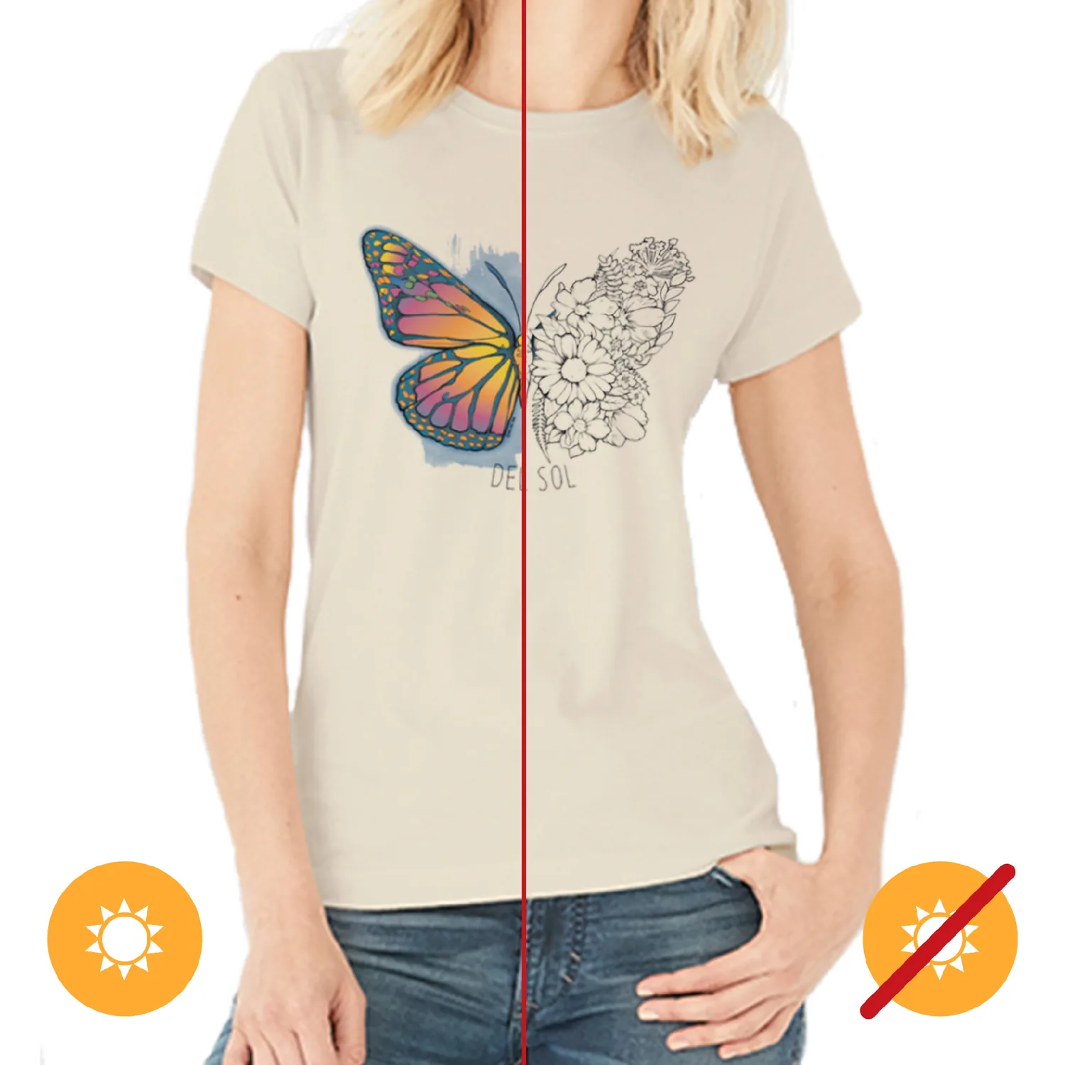 Del Sol Color Changing Women's Boyfriend Tee - Butterfly Floral, Natural, Size S