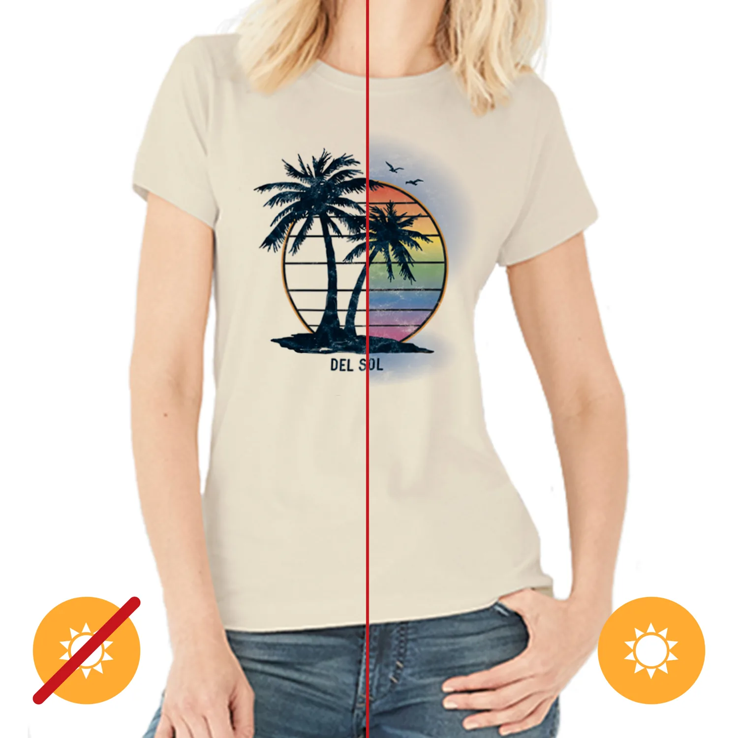 Del Sol Color Changing Women's Boyfriend Tee, Island Palm Sunset, Size S