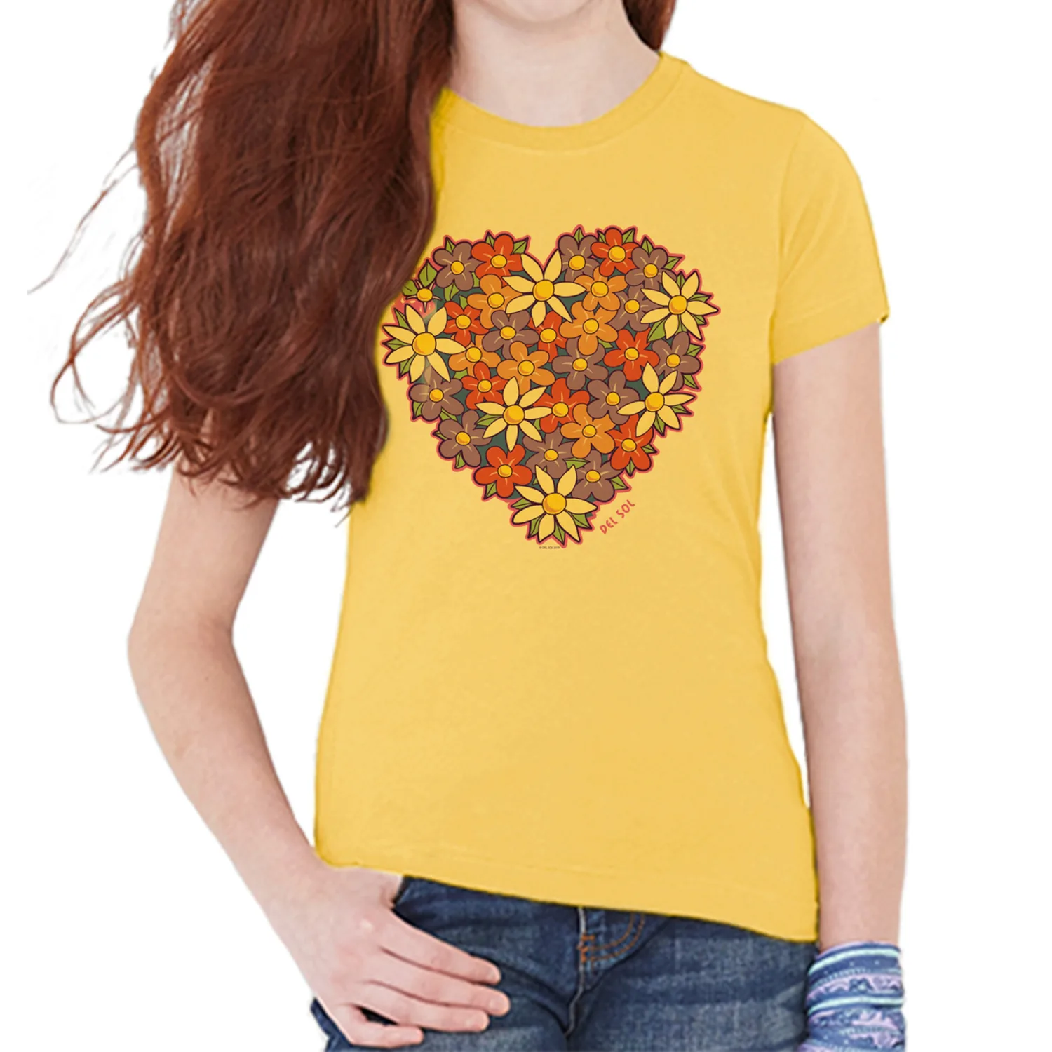 Del Sol Color Changing Youth Girls Crew Tee - I Heart Flowers, Butter, Size YXL