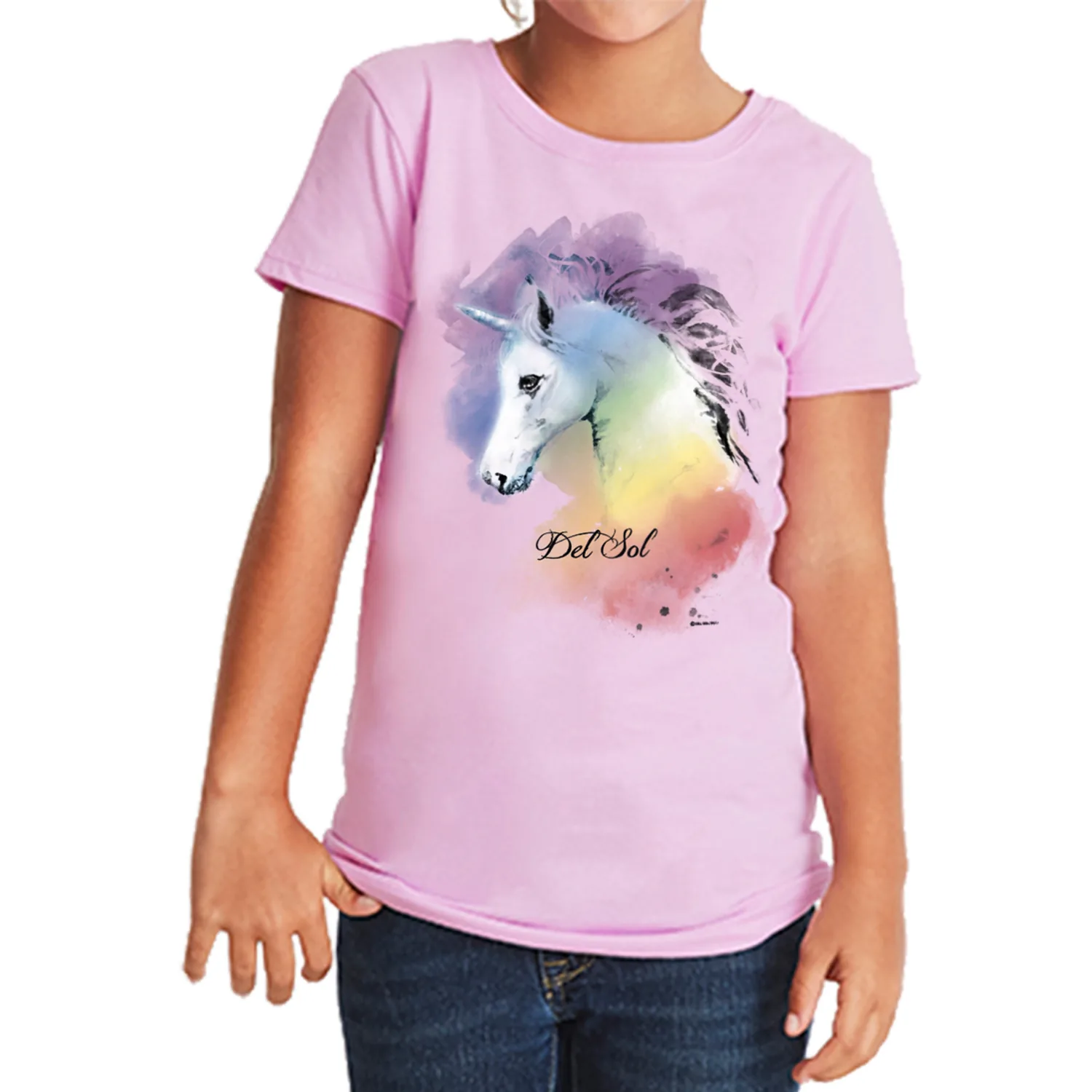 Del Sol Color Changing Youth Girls Crew Tee, Watercolor Unicorn, Lilac, Size YXL