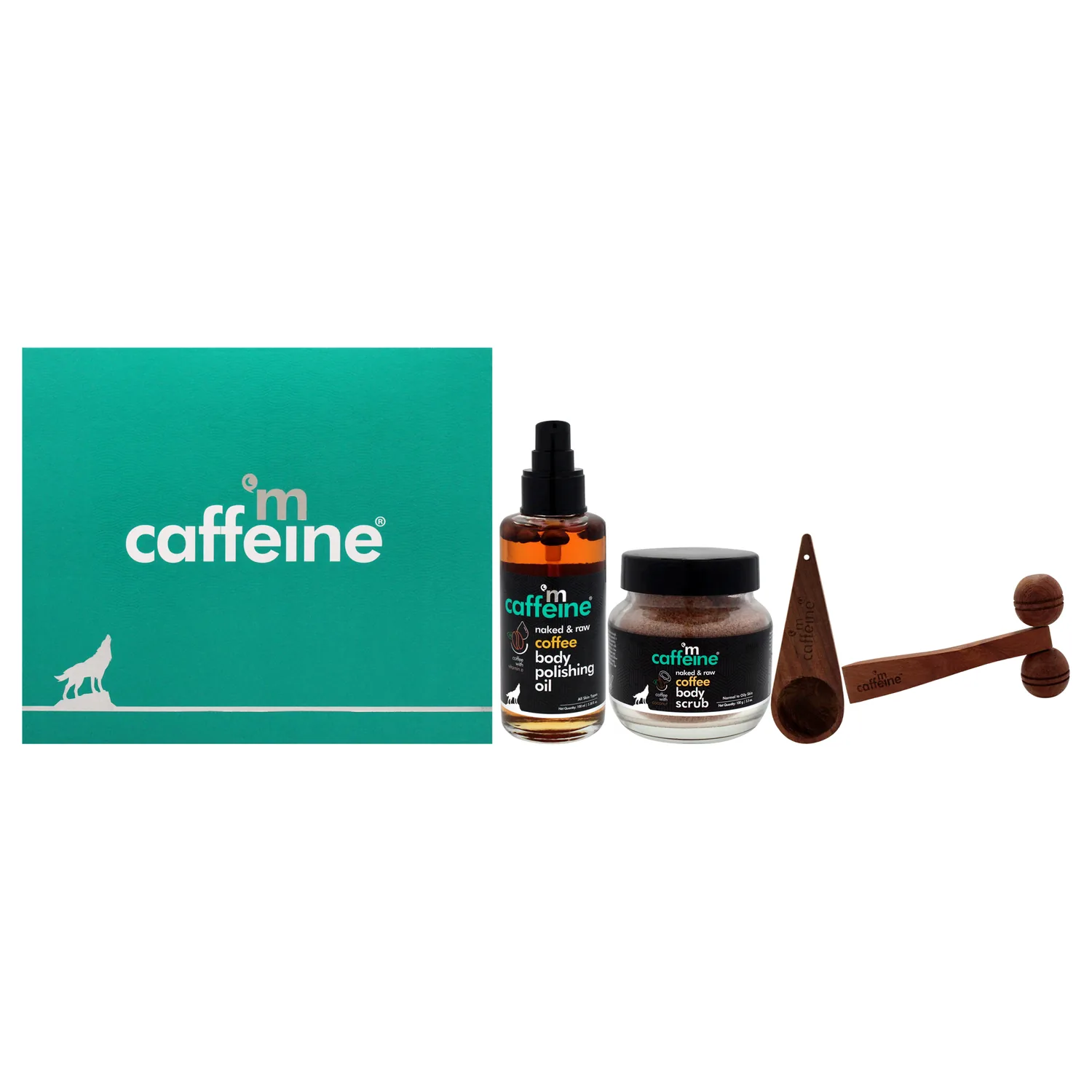 mCaffeine Coffee De-stress Gift Kit for Unisex - 4 Pc 3.38oz Naked and Raw Coffee Body Polishing Oi, 3.5oz Naked and Raw Coffee Body Scrub - Coconut, Brew Scoop, Wooden Massager