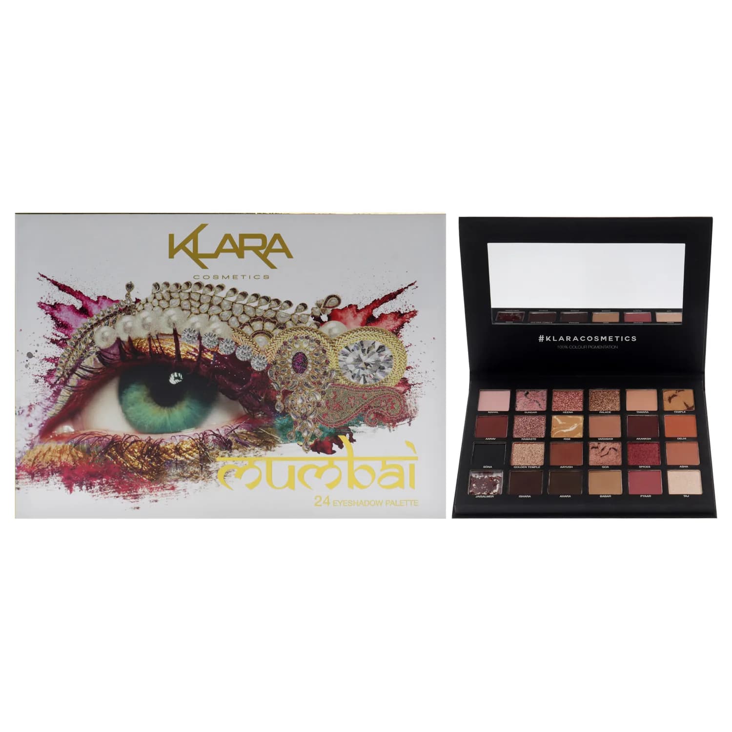 Klara Cosmetics 24 Shades Eyeshadow Palette, Matte, Shimmer- Long-Lasting, Highly Pigmented Formula with a Mix of Matte, Shimmer, and Metallic Shades for Any Occasion (Mumbai)