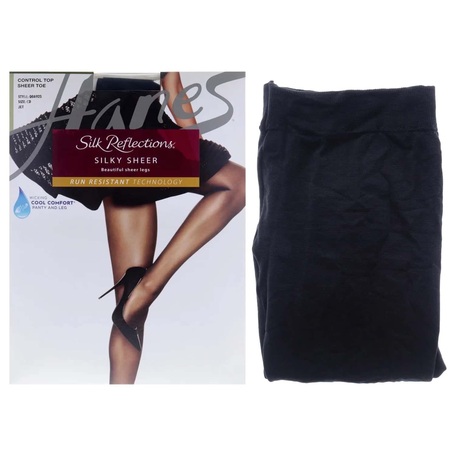 Hanes Silk Reflections Silky Pantyhose with Run Resist, Control Top, Sheer Toe, All Day Comfort, Jet for Women