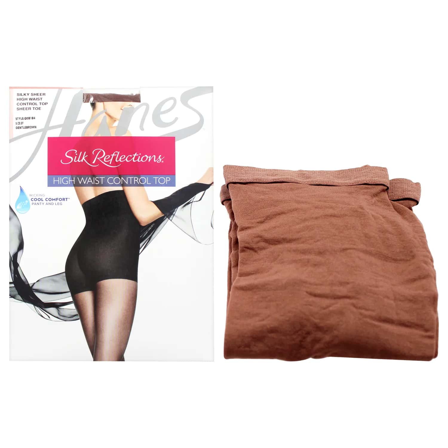 Hanes Silk Reflections Control Top Sheer Toe Silky Sheer High Waisted Pantyhose - Gentle Brown for Women