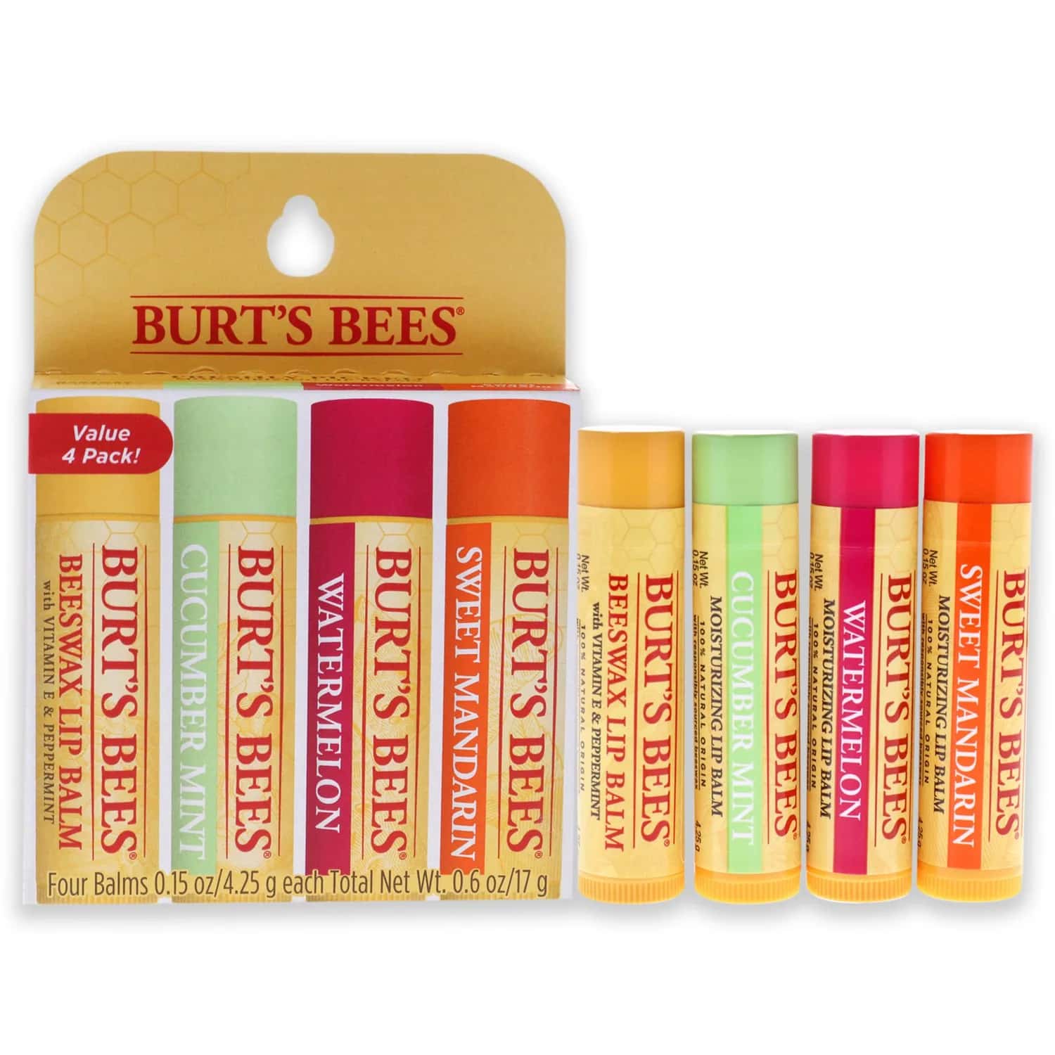 Burt's Bees Original Beeswax, Cucumber Mint, Watermelon & Sweet Mandarin Lip Balm 4ml / 0.15 oz