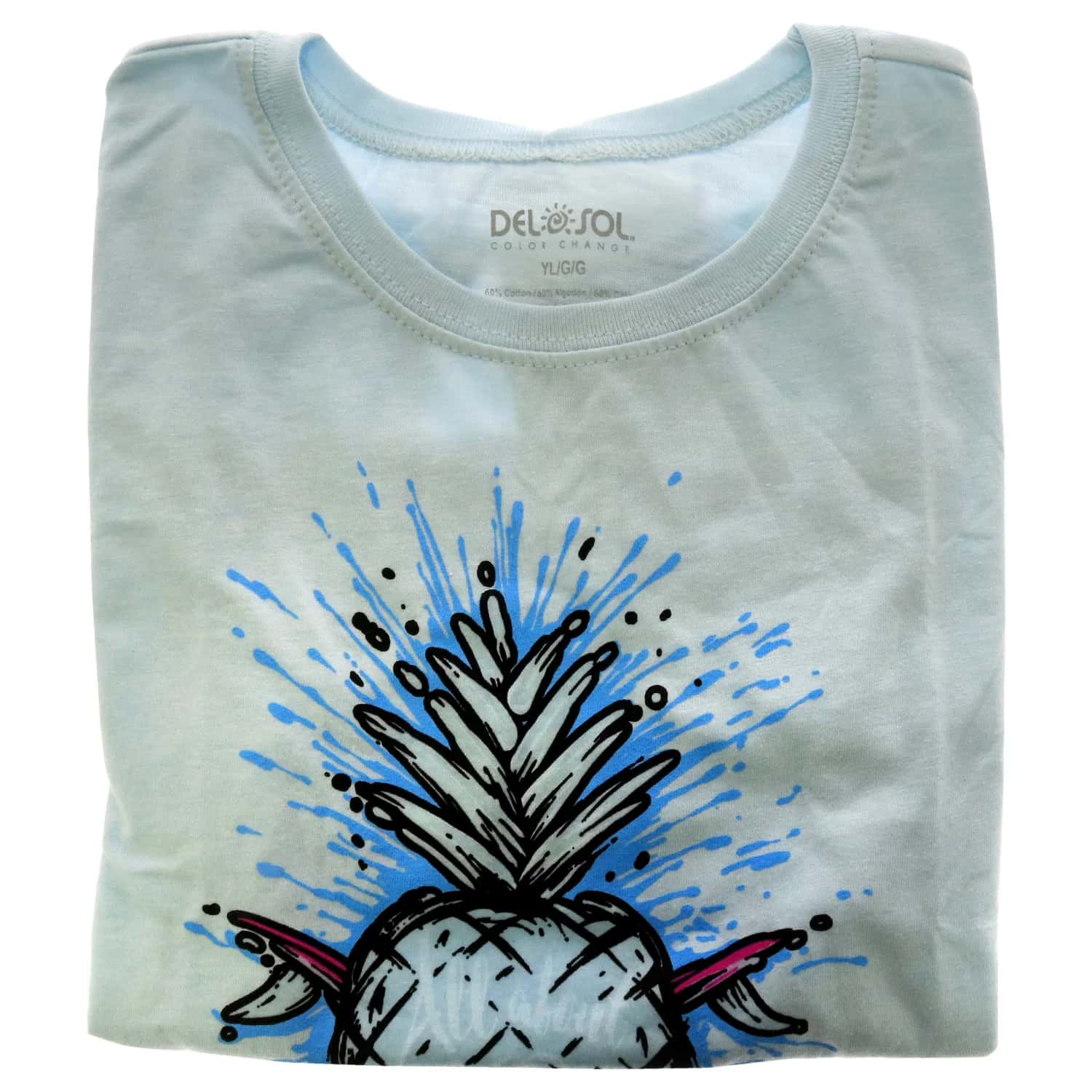 Del Sol Color Changing Youth Boys Premium Crew Tee - Pineapples - Ice Blue for Unisex